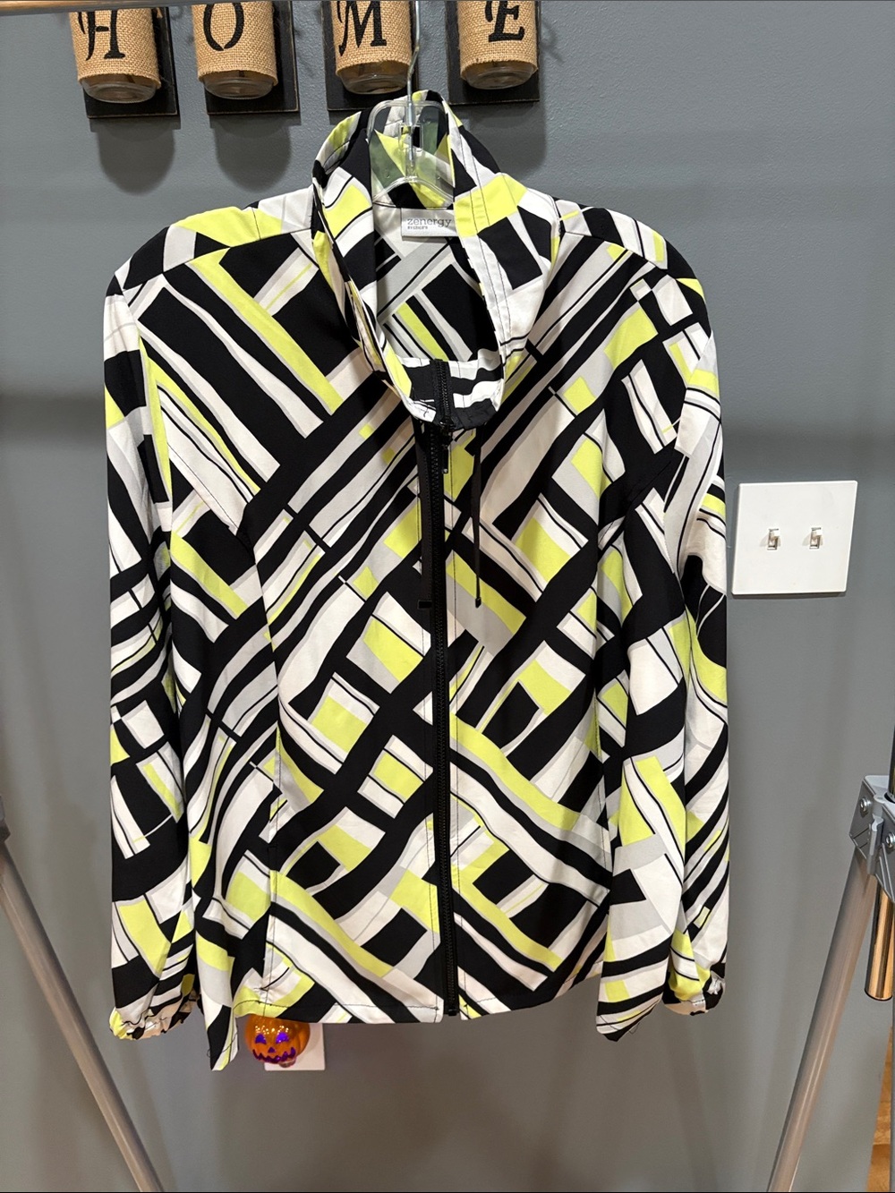 Chico's Geometric Print Zip-Front Bomber Jacket in Black, White & Lime